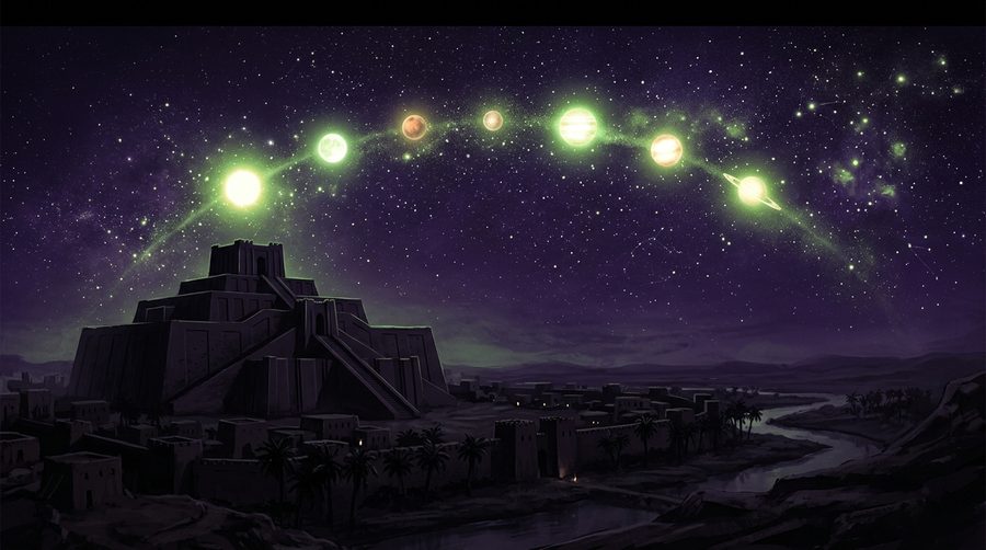 Ilustrasi langit malam kuno dengan tujuh titik cahaya benda langit berjajar di atas menara batu kuno