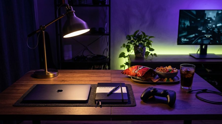 Meja malam terbagi dua sisi dengan laptop tertutup di kiri dan pengendali permainan di kanan