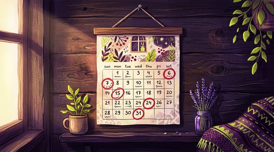 Kalender dinding dengan beberapa tanggal dilingkari tinta merah tergeletak di atas meja kayu